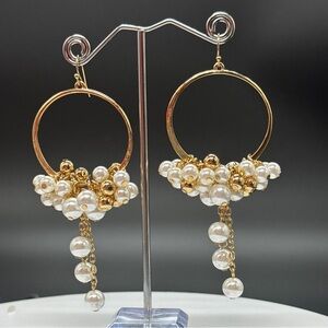 Gold Tone Dangling Hoop With White and Gold Faux Pearl Bead Earrings